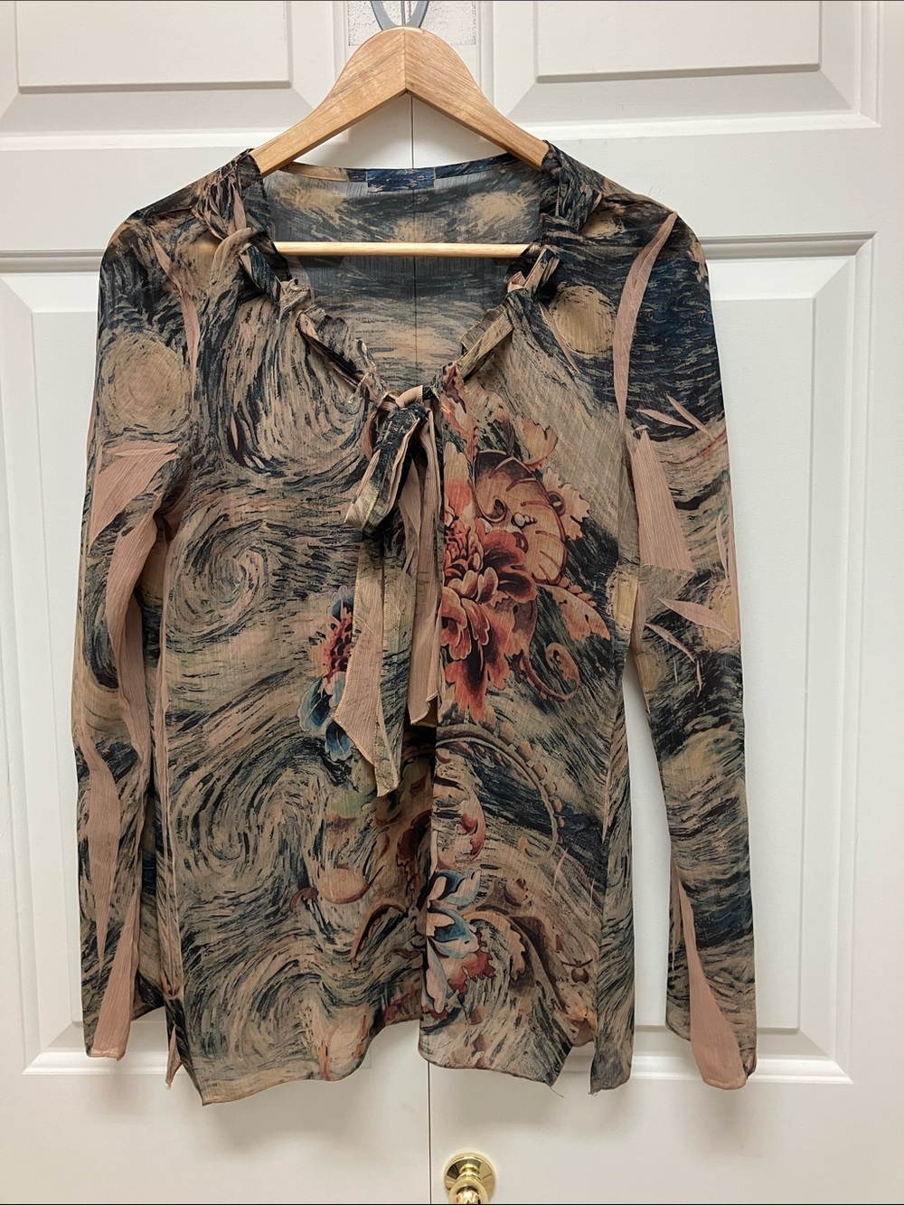 Amore Couture vintage Sheer long sleeve Floral Blouse, tan, rust, blue, M